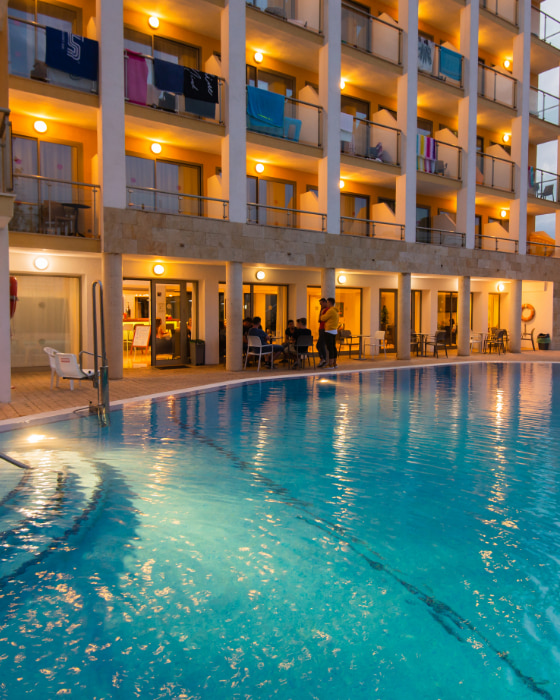 Swimming pool area of the Hotel Bella Mar, in Cala Ratjada, Majorca